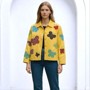 NWT Vintage Anage Butterfly Applique Button Up Jacket Small Yellow Festival Boho